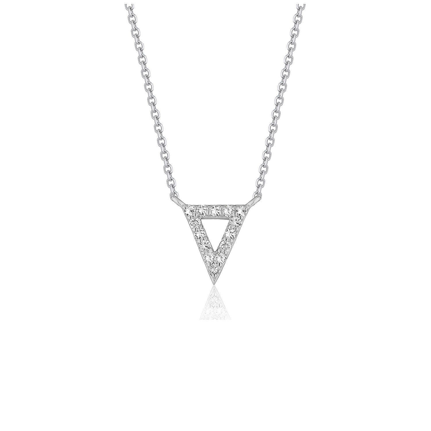 14k white gold diamond inverted triangle pendant necklace with modern chain design, exuding elegance and sophistication.