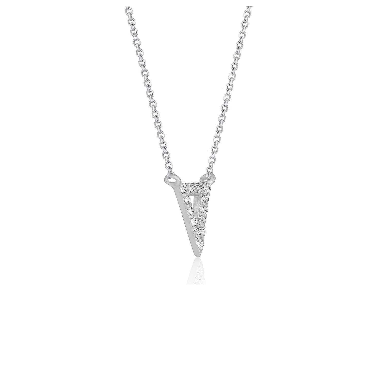 Diamond inverted triangle pendant necklace in 14k white gold, featuring a modern design and delicate chain.