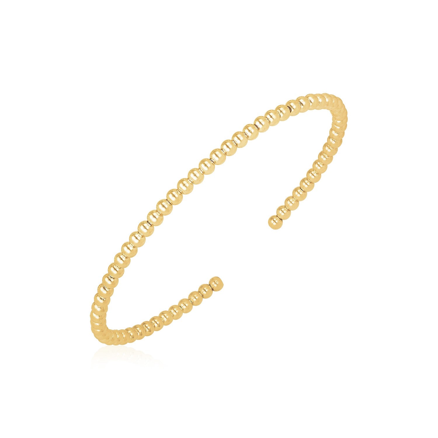 14k yellow gold high polish bead cuff bangle, modern design with luxurious shine, perfect for elegant stacking.