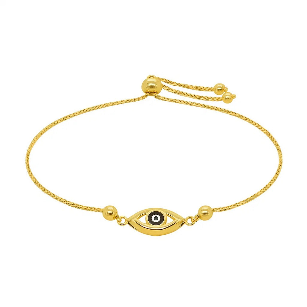 Elegant 14k yellow gold adjustable evil eye bracelet featuring a delicate chain design for a luxurious touch.