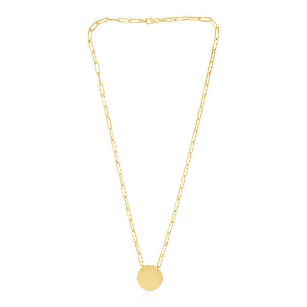 14k yellow gold high polish circle disc necklace with modern paperclip link design for a luxurious touch.