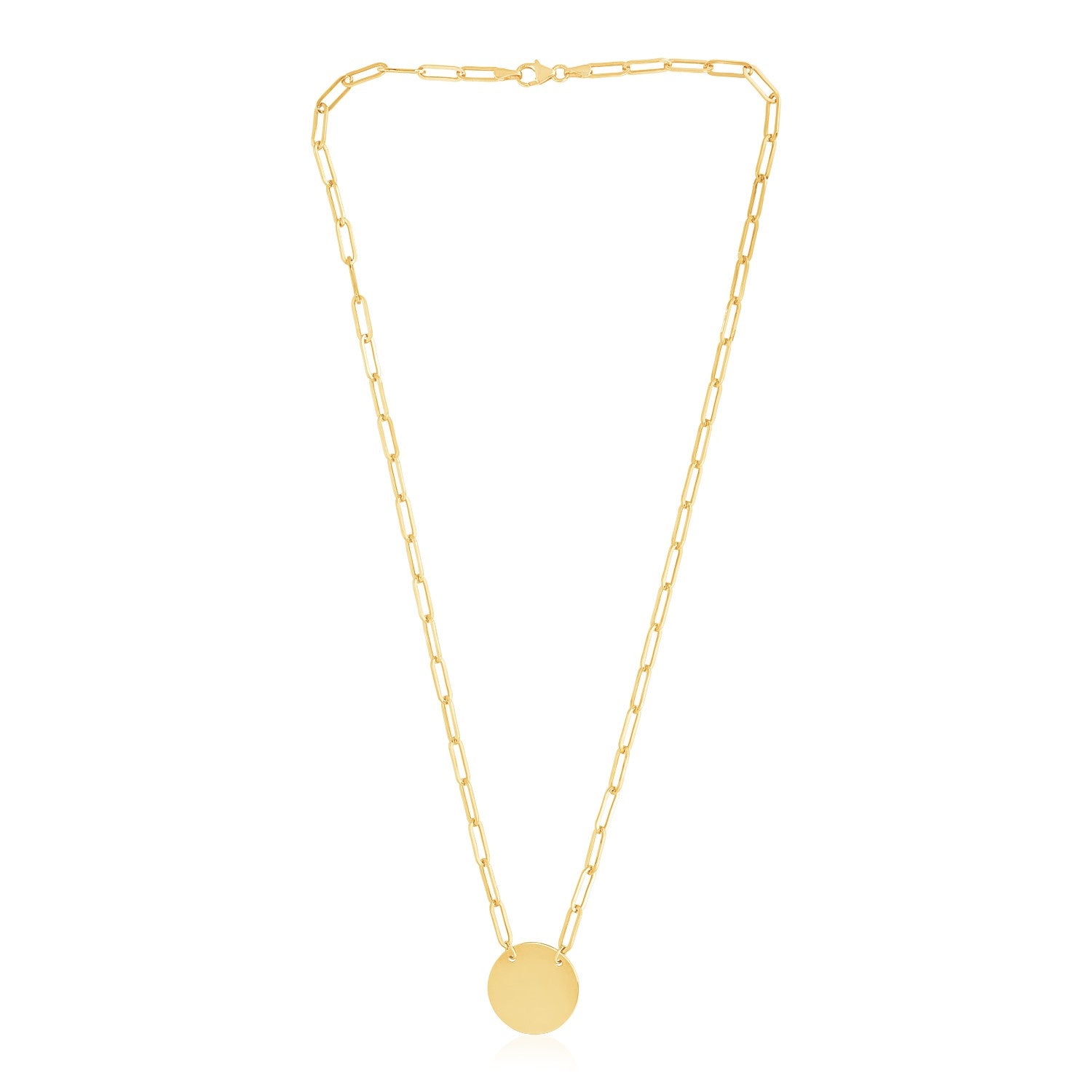 14k yellow gold high polish circle disc necklace with modern paperclip link design for a luxurious touch.