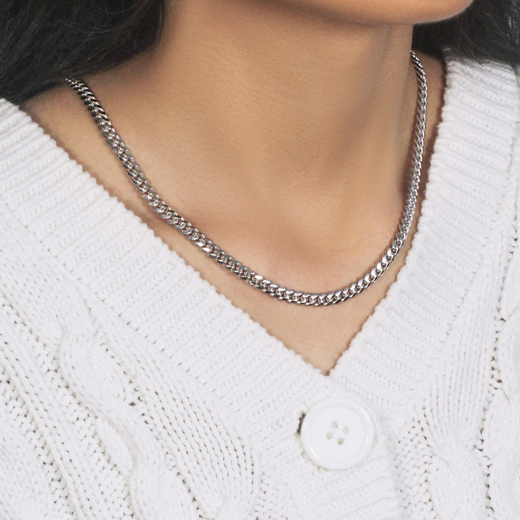 14k white gold classic Miami Cuban chain, 5.00 mm, featuring a sleek round design for timeless elegance.