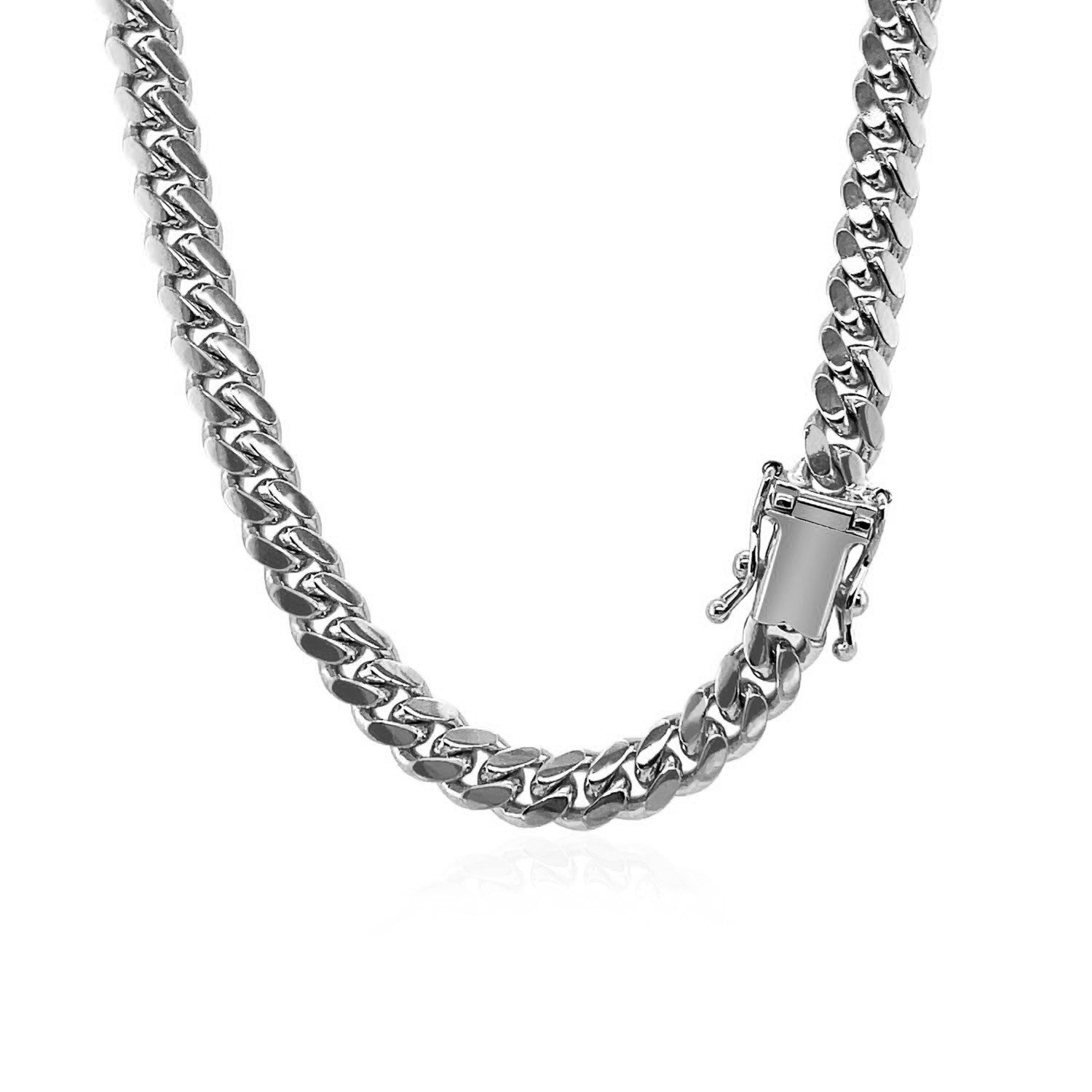 14k white gold classic Miami Cuban chain, 5.00 mm, featuring a timeless round design for elegant layering.