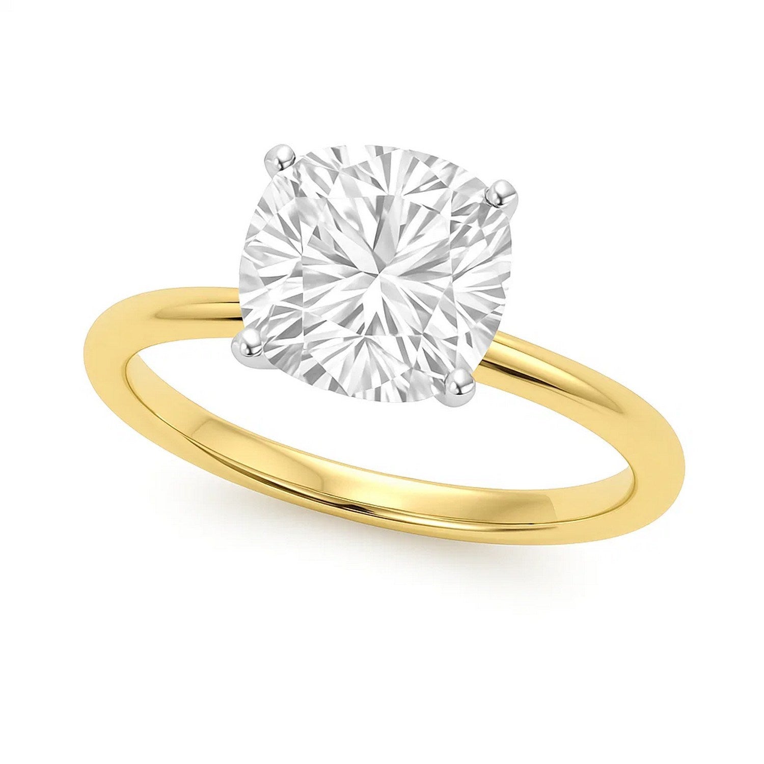 5 carat cushion cut diamond solitaire ring in 14k yellow gold, exuding elegance and timeless luxury.