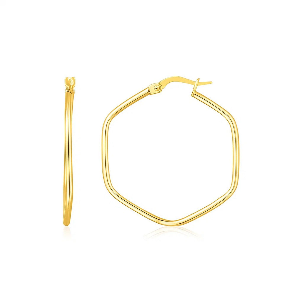 14K yellow gold hexagon hoop earrings with rounded edges, showcasing modern elegance and timeless luxury.