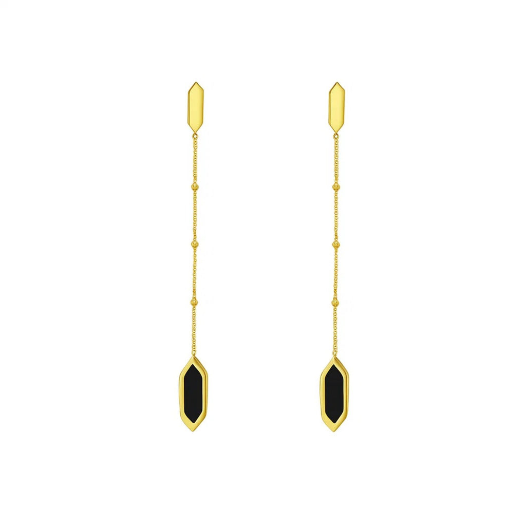 14K yellow gold contemporary drop earrings featuring elegant hexagon onyx and delicate chain design.