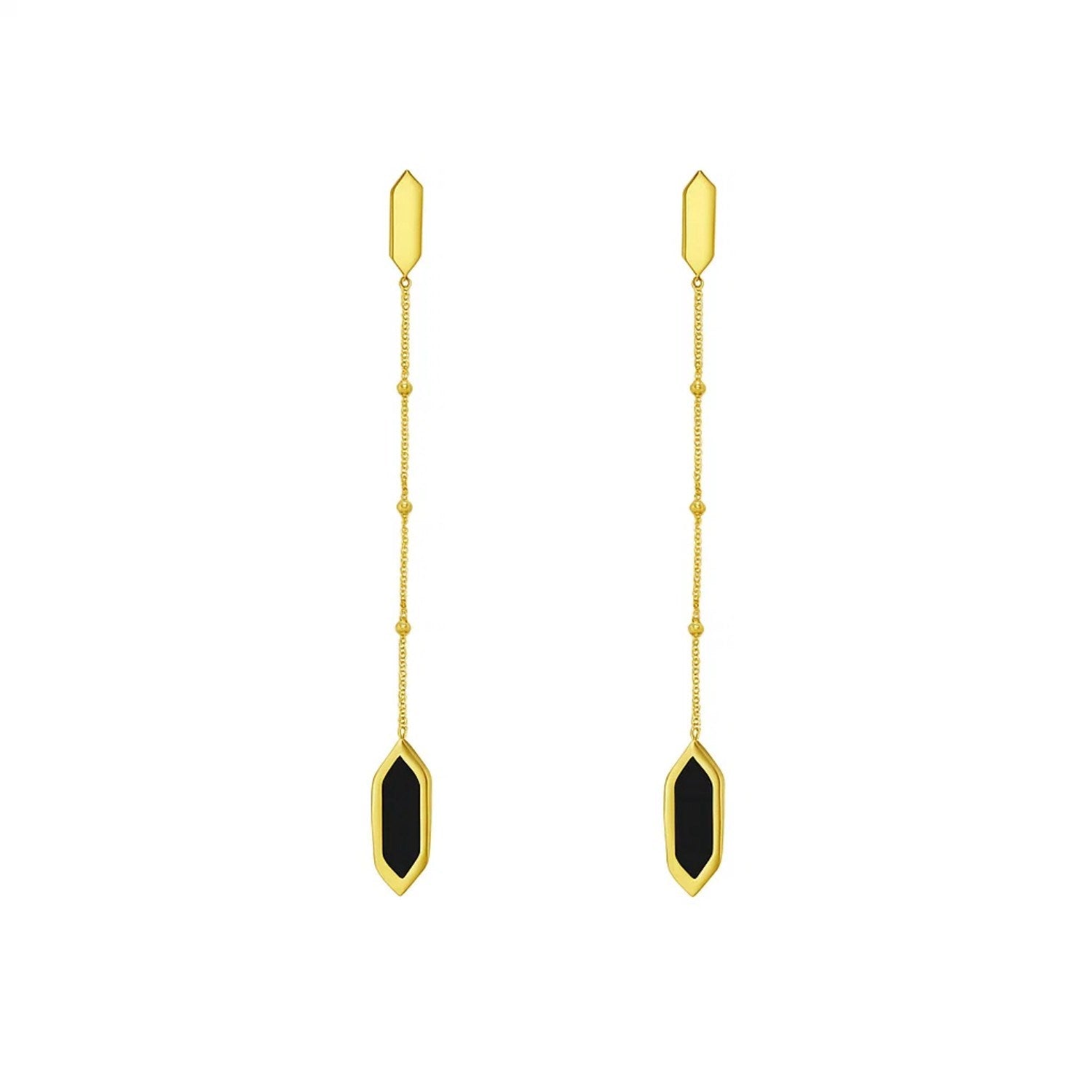 14K yellow gold contemporary drop earrings featuring elegant hexagon onyx and delicate chain design.
