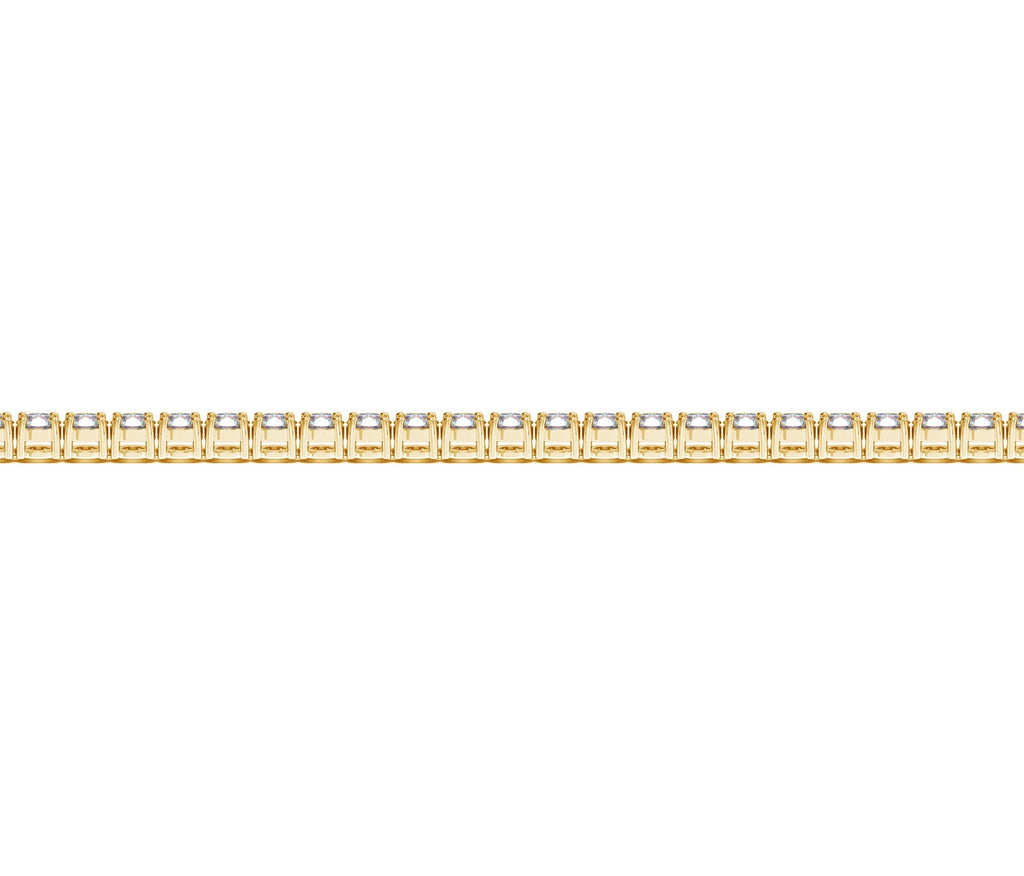 Lab grown round diamond tennis bracelet in 14k yellow gold, featuring 3 cctw F/G VS2/SI1 diamonds for a modern elegance.