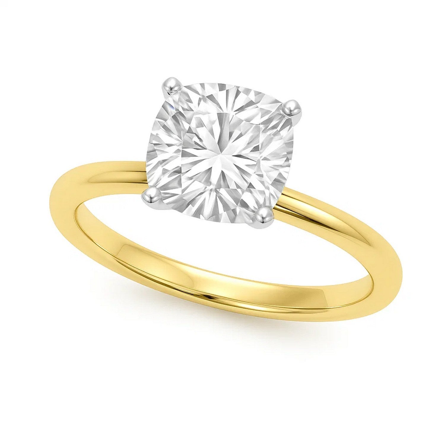 2 carat cushion cut diamond solitaire ring in 14k yellow gold, showcasing timeless elegance and exquisite craftsmanship.