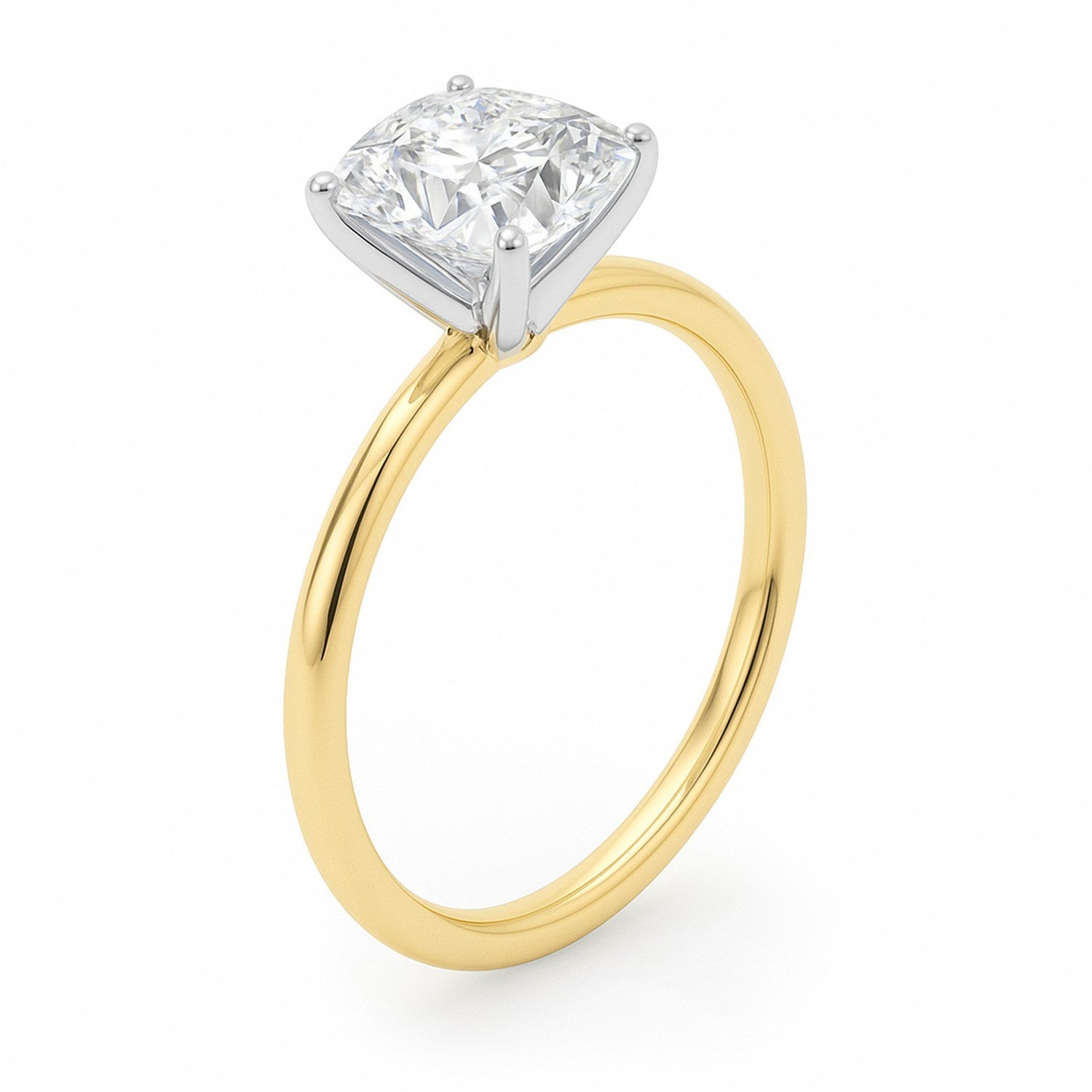14k yellow gold solitaire ring featuring a stunning 2 carat cushion cut lab-grown diamond, classic elegance redefined.