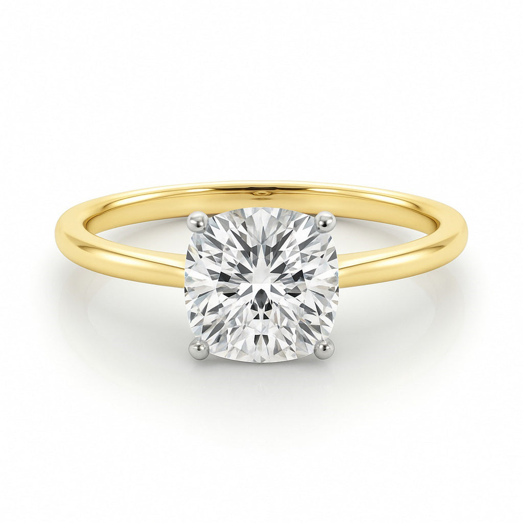 14k yellow gold solitaire ring featuring a 2 carat cushion cut lab-grown diamond, exuding timeless elegance.