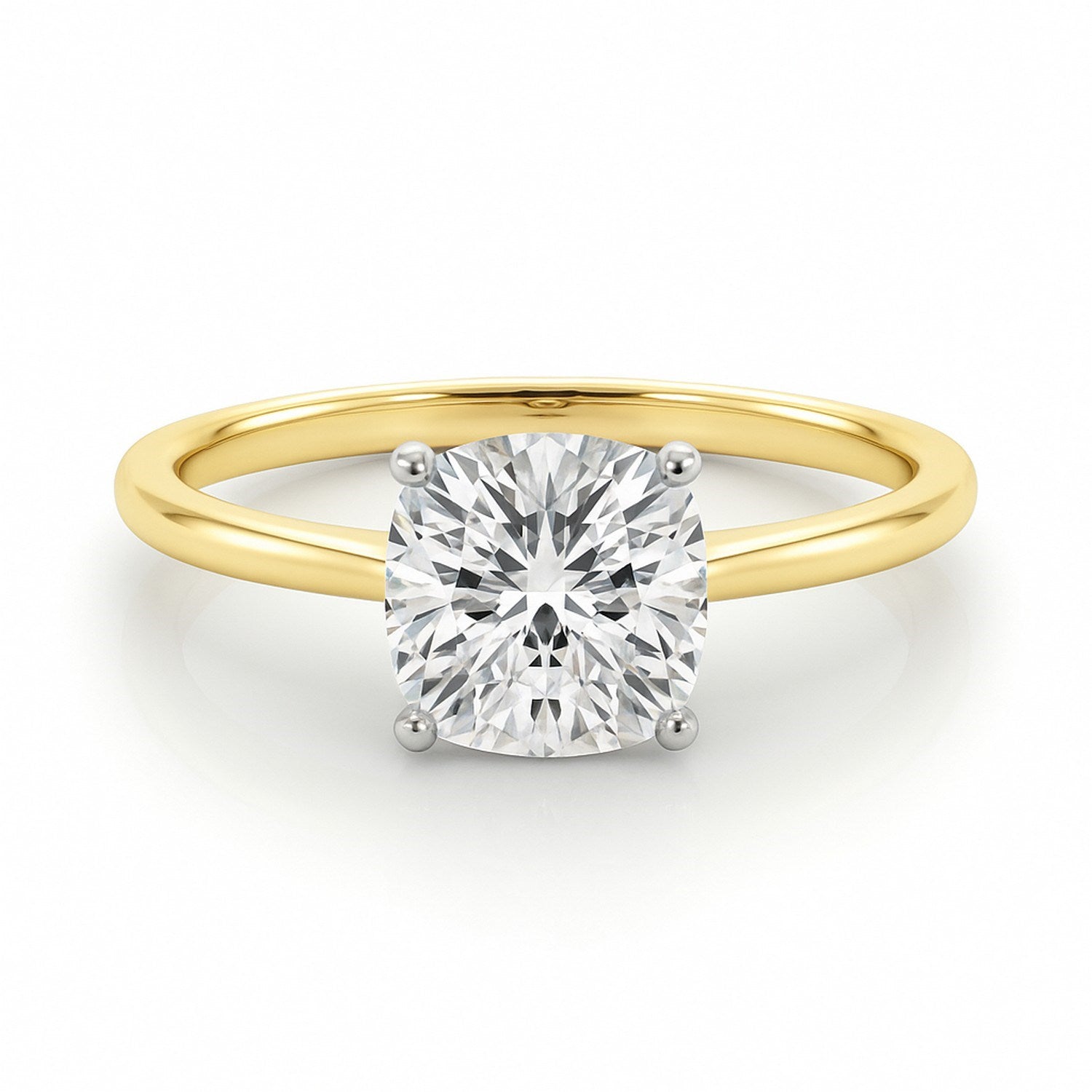 14k yellow gold solitaire ring featuring a 2 carat cushion cut lab-grown diamond, exuding timeless elegance.