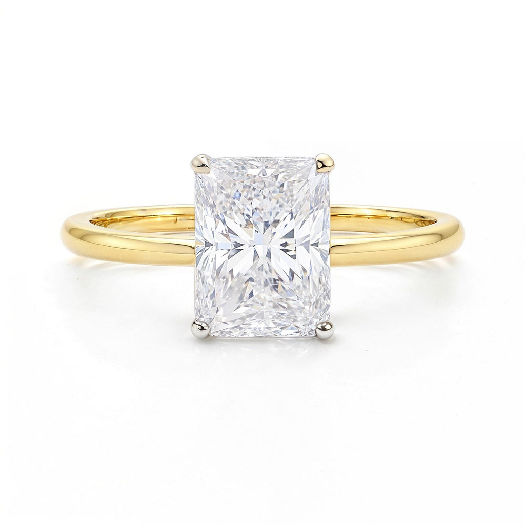 3 carat radiant lab grown diamond solitaire ring in 14k yellow gold, showcasing modern elegance and timeless beauty.