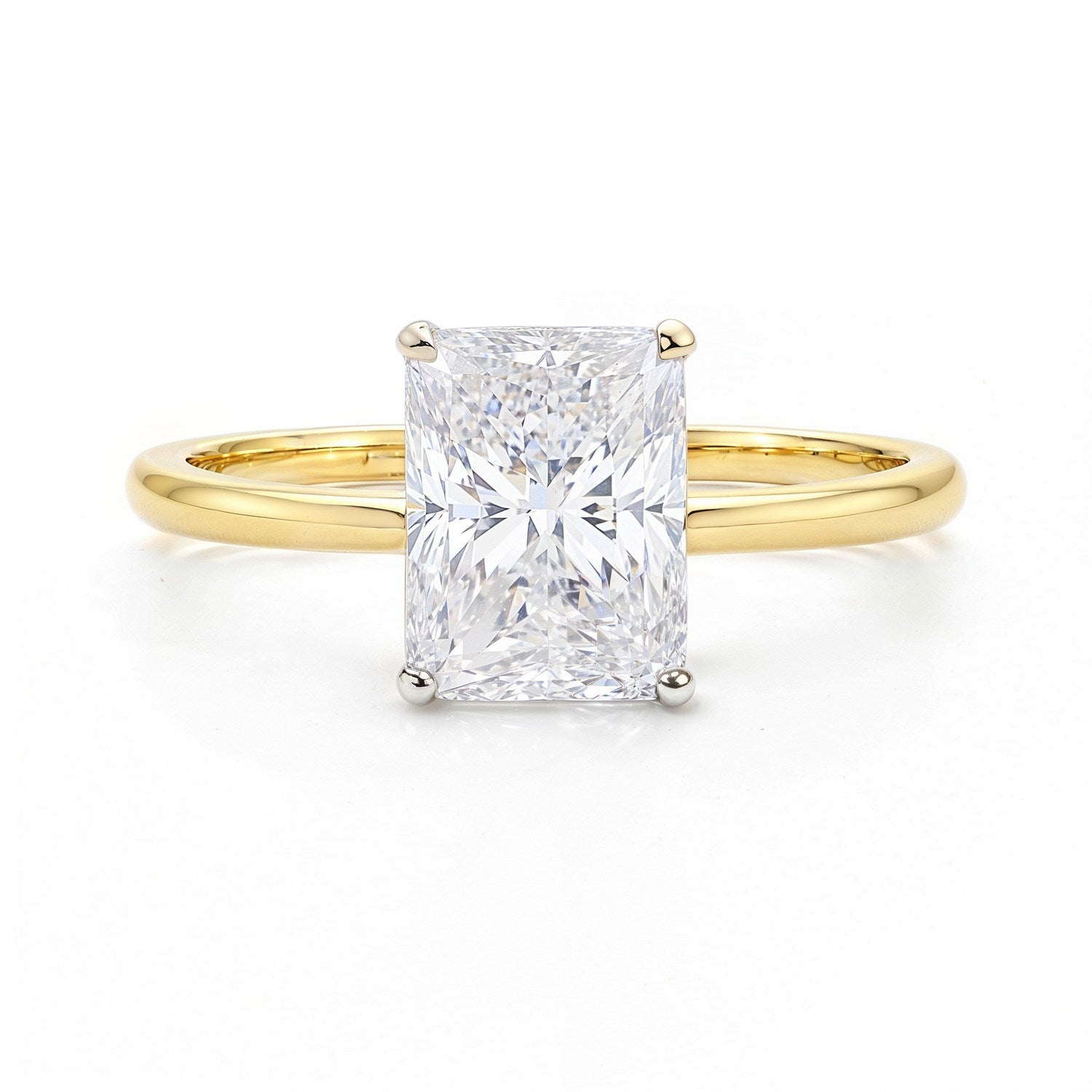 3 carat radiant lab grown diamond solitaire ring in 14k yellow gold, showcasing modern elegance and timeless beauty.