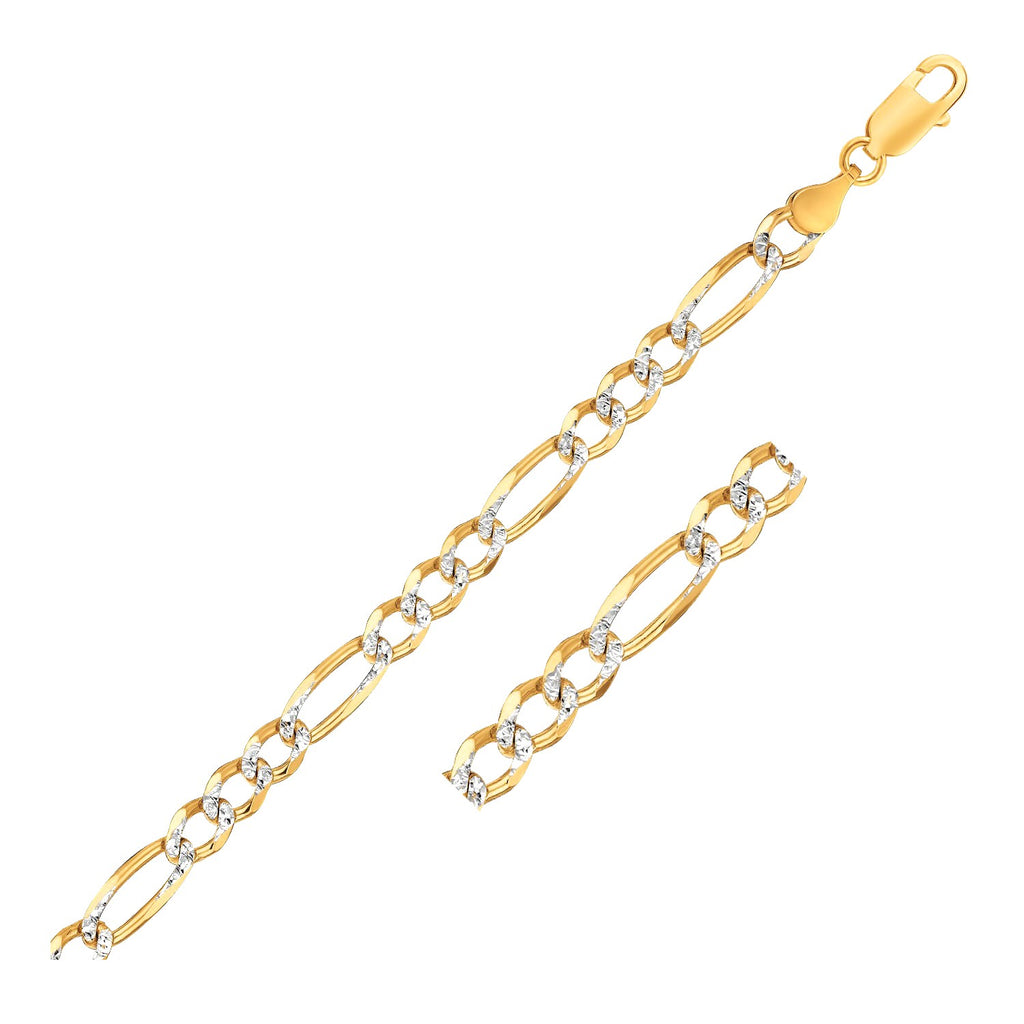14K yellow gold two-tone solid pave Figaro bracelet, elegantly crafted with a luxurious chain design.