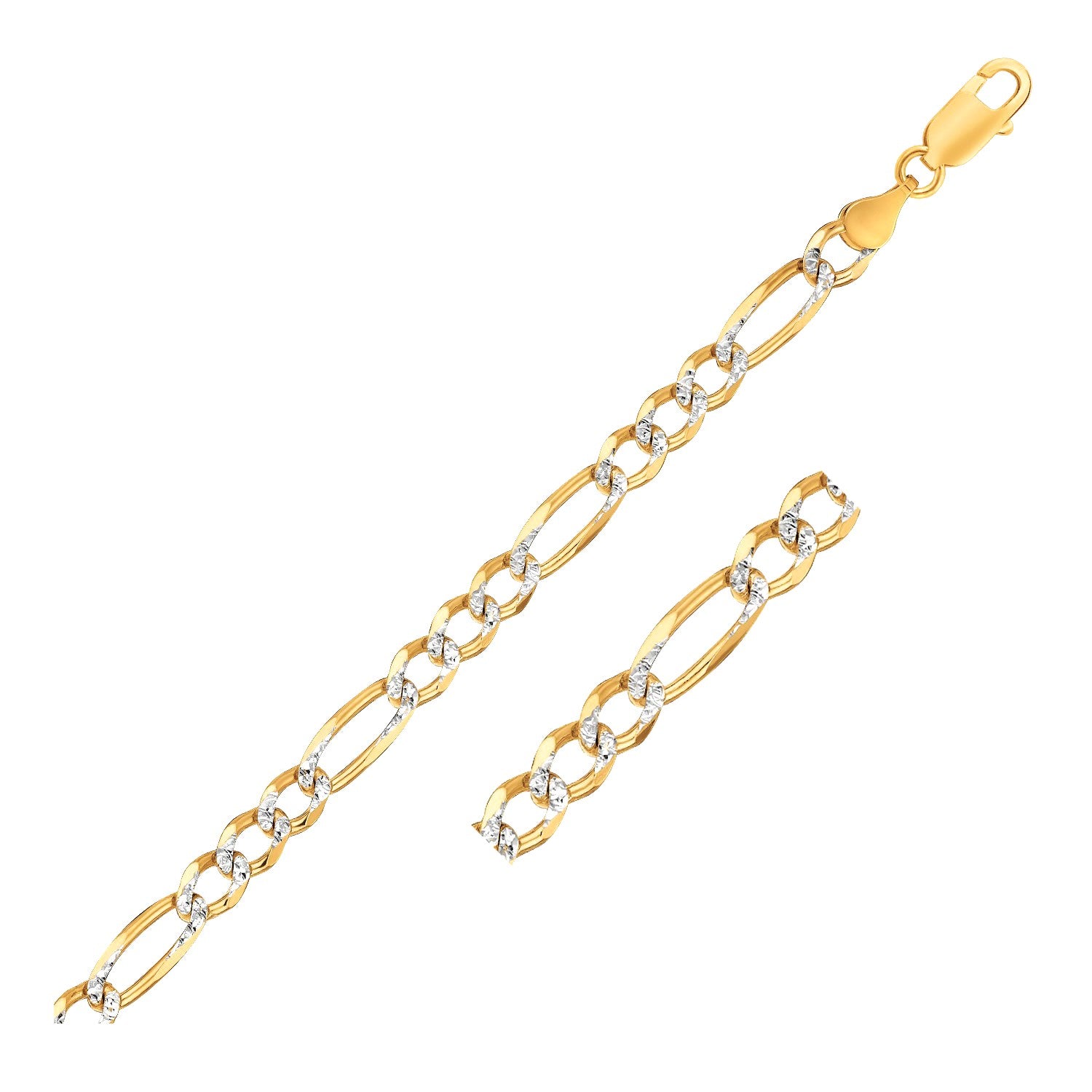 14K yellow gold two-tone solid pave Figaro bracelet, elegantly crafted with a luxurious chain design.