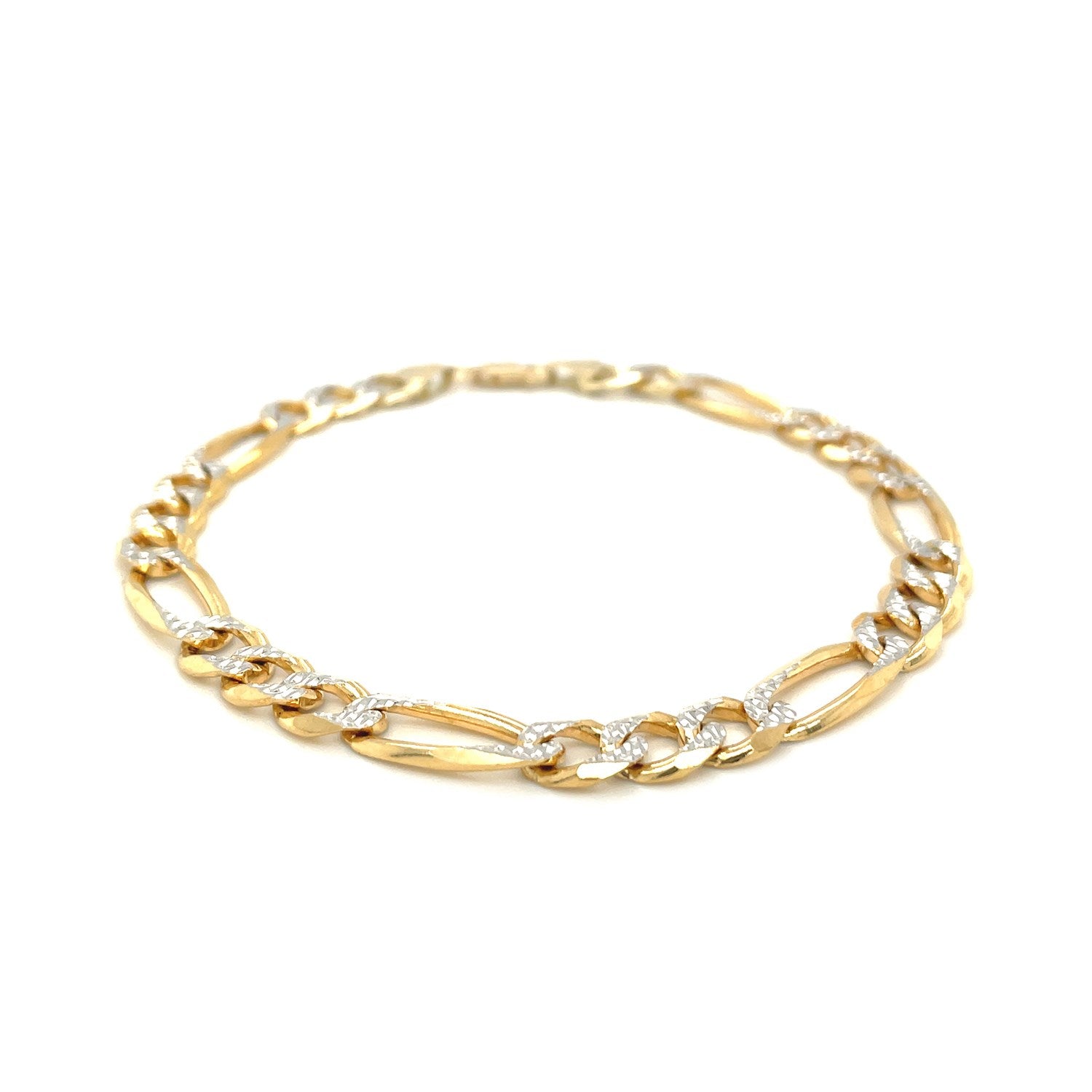 14k yellow gold two-tone pave Figaro bracelet with elegant chain design, showcasing luxurious craftsmanship.