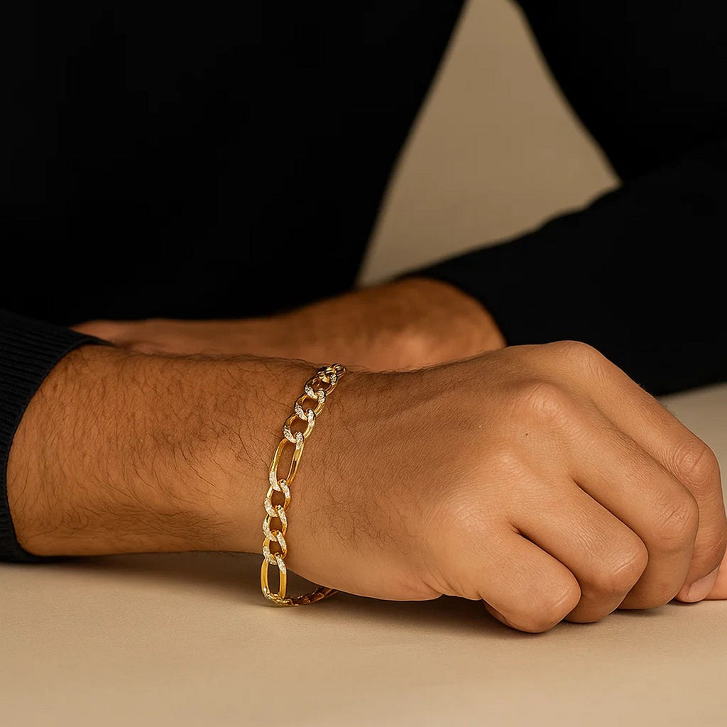 14k yellow gold two-tone pave Figaro bracelet featuring an elegant chain design, perfect for luxury jewelry lovers.