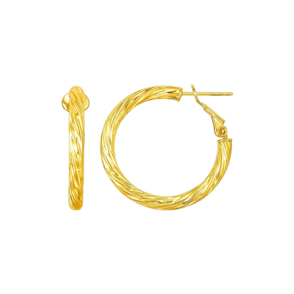 14k yellow gold petite twisted hoop earrings with an elegant design, perfect for sophisticated occasions.