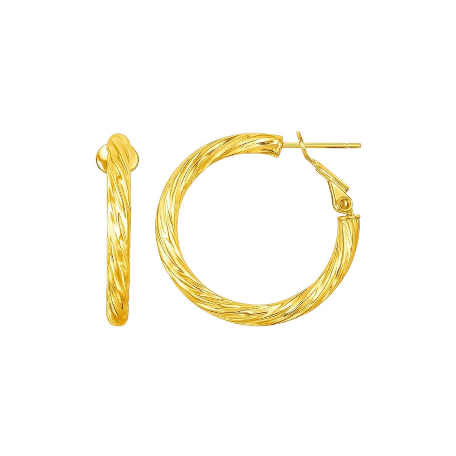 14k yellow gold petite twisted hoop earrings with an elegant design, perfect for sophisticated occasions.