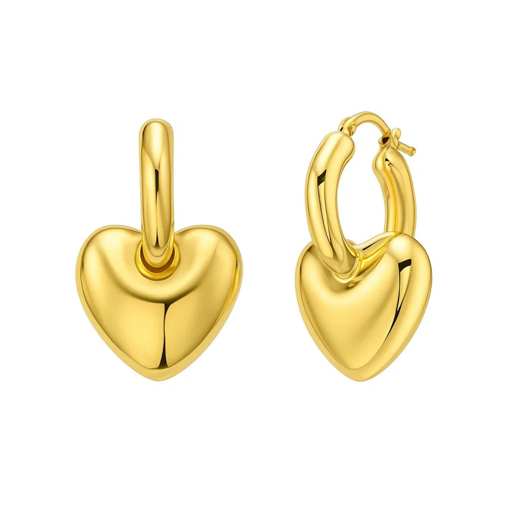 14K yellow gold puffy heart dangle huggie earrings with modern hoop design, perfect for elegant occasions.