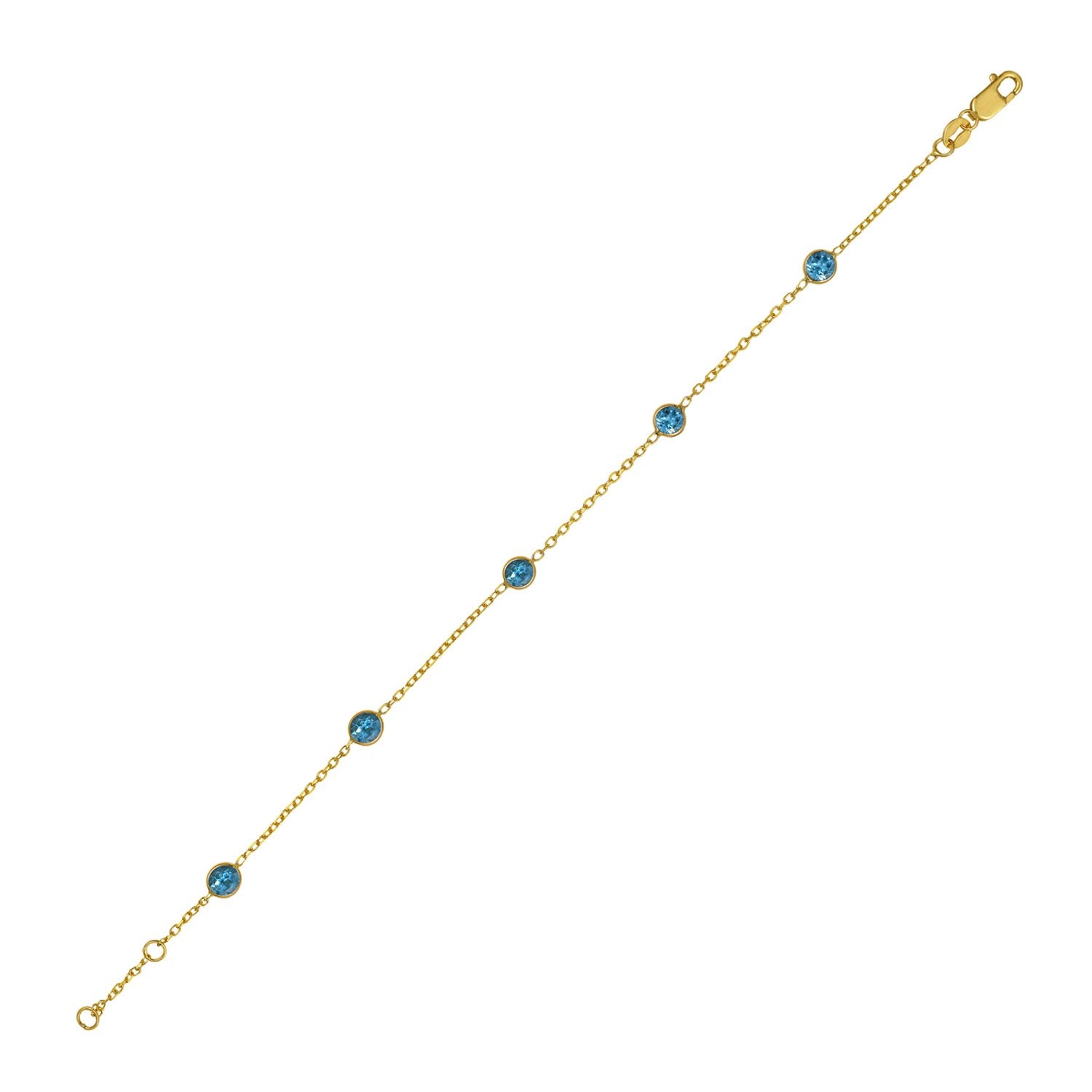 14k yellow gold contemporary bracelet featuring blue topaz stations on a delicate chain design.