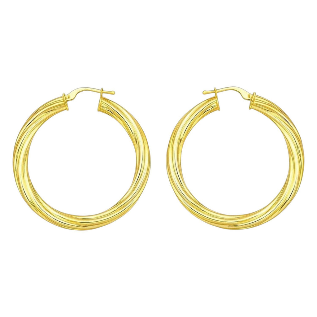 Textured large hoop earrings in 14k yellow gold, showcasing a modern design with elegant craftsmanship.