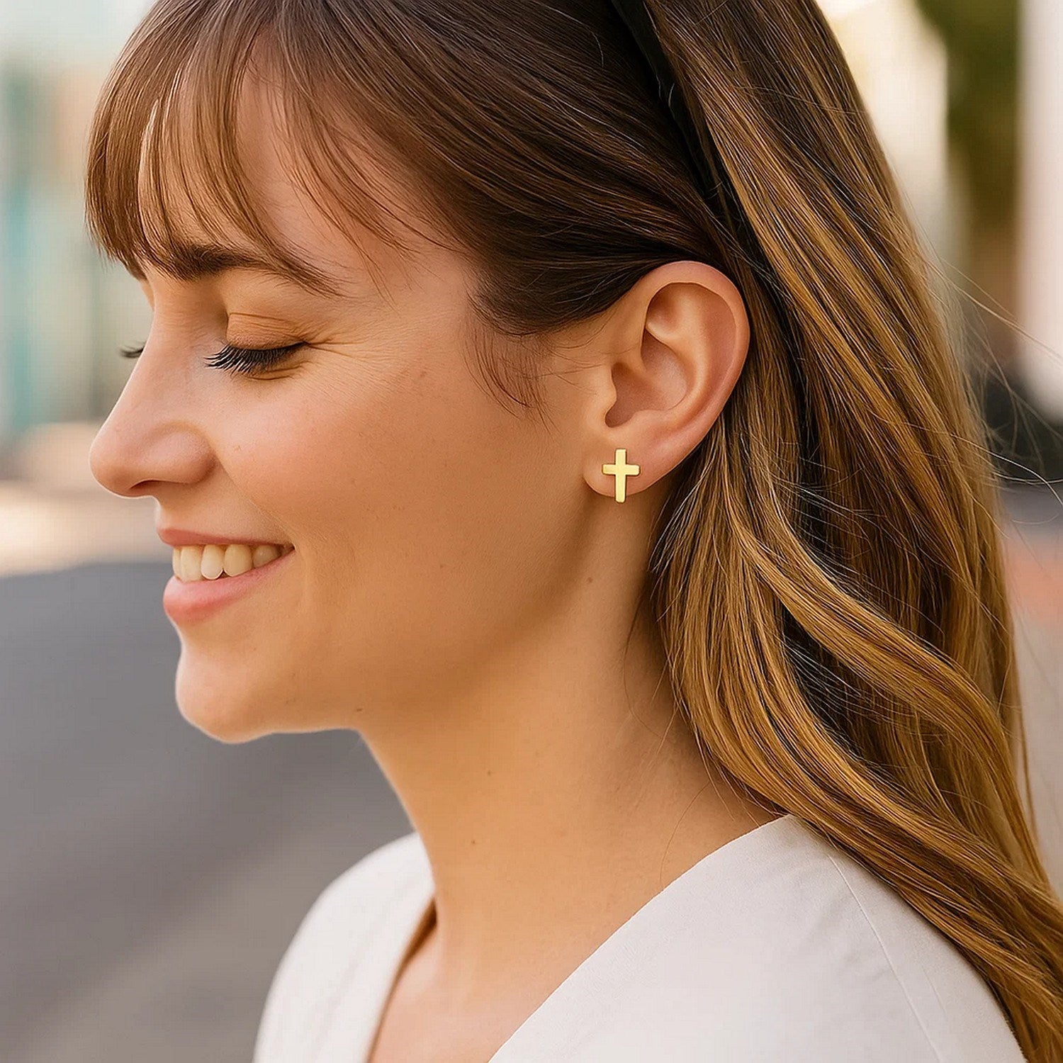 14k yellow gold polished cross earrings with contemporary design, perfect for elegant occasions and everyday luxury.