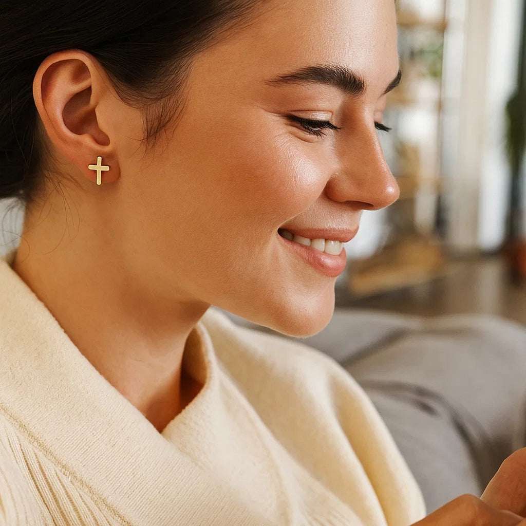 14k yellow gold polished cross earrings with contemporary design, perfect for elegant occasions and luxury style.
