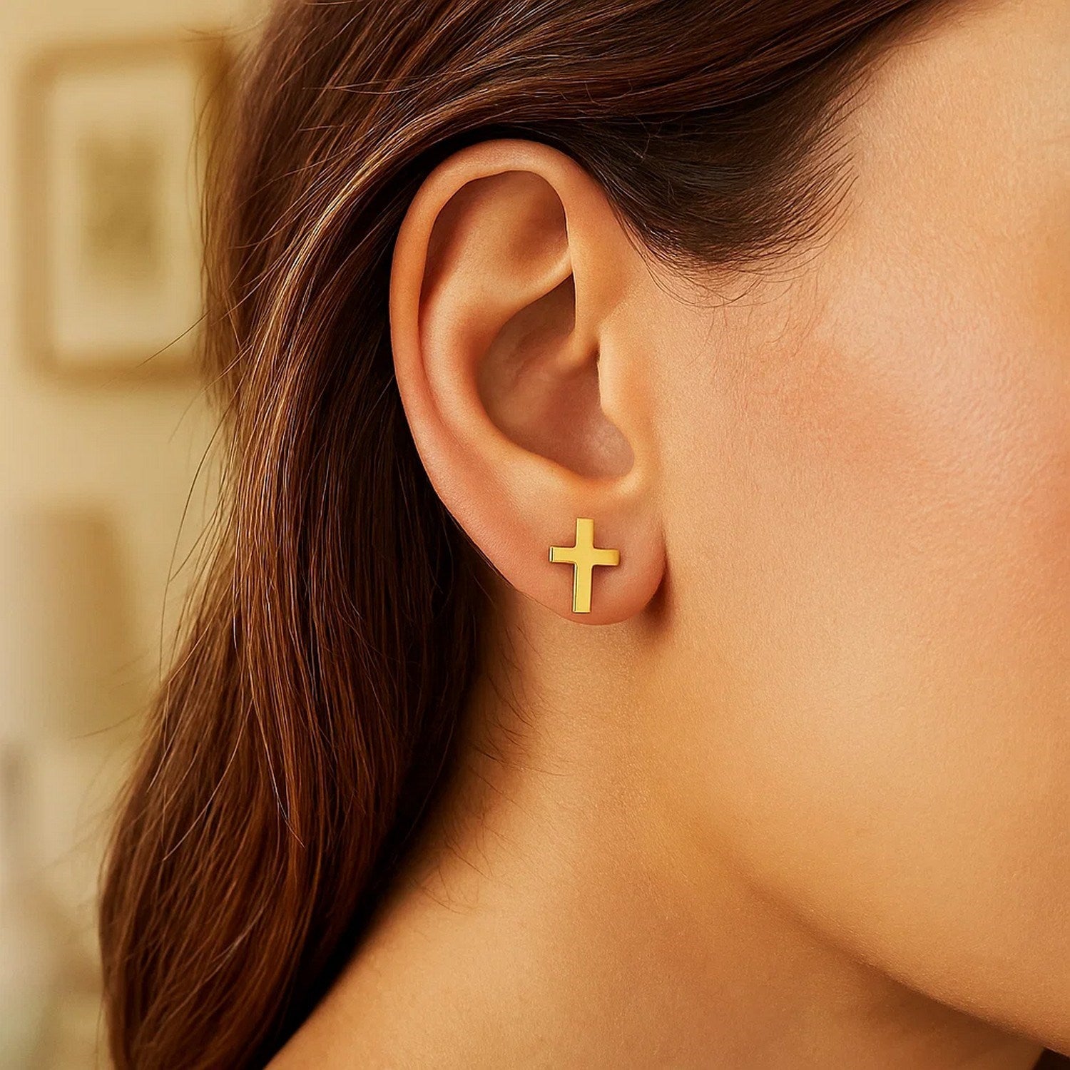 14k yellow gold polished cross earrings with contemporary design, perfect for elegant occasions and luxury styling.