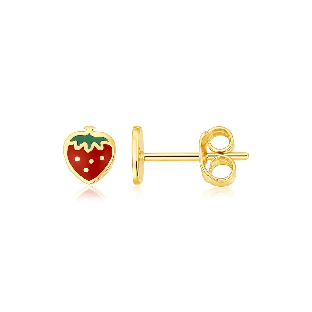 14k yellow gold enameled strawberry stud earrings, elegantly designed for a luxurious touch.