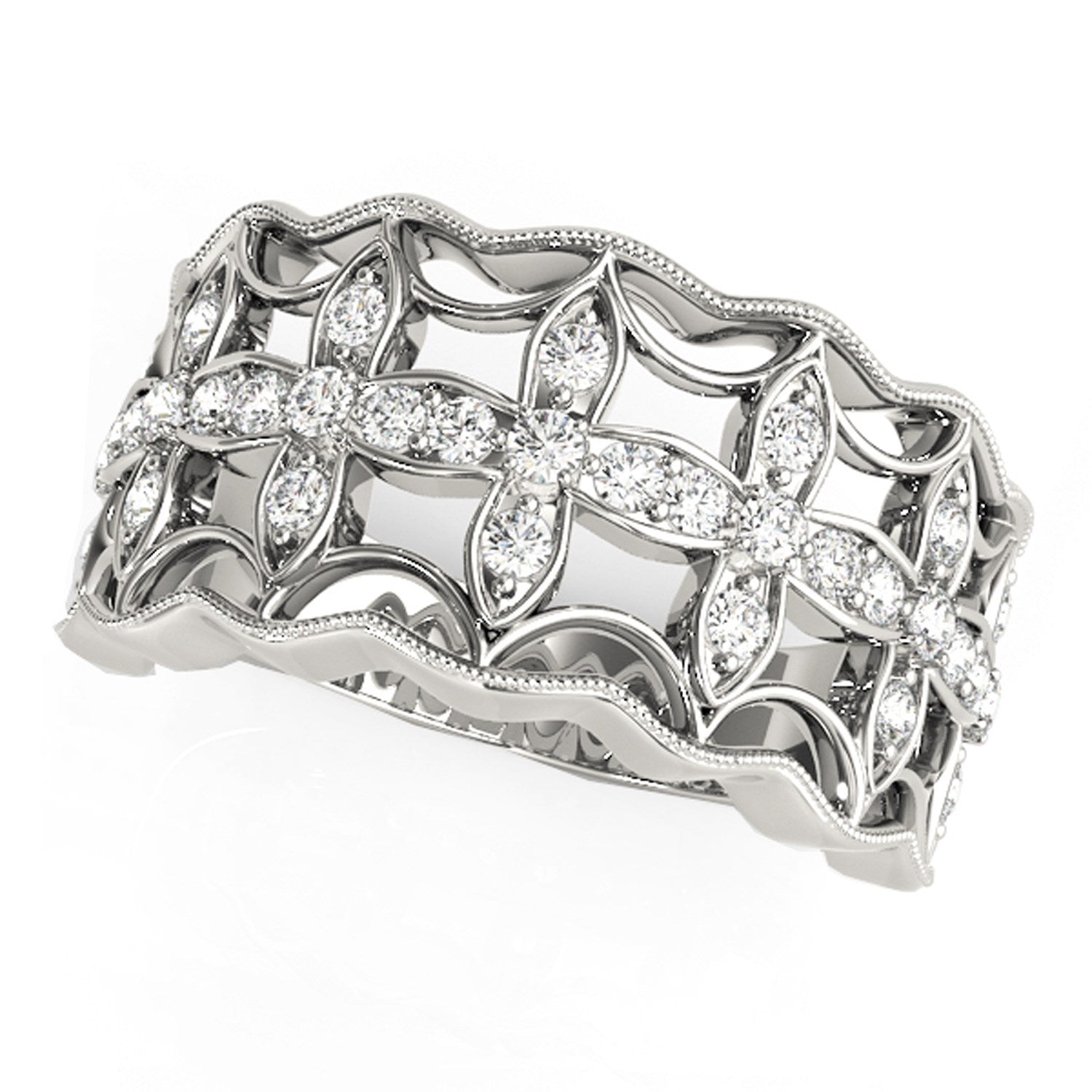 Diamond studded four leaf clover ring in 14k white gold, featuring contemporary design and 1/4 cttw diamonds.