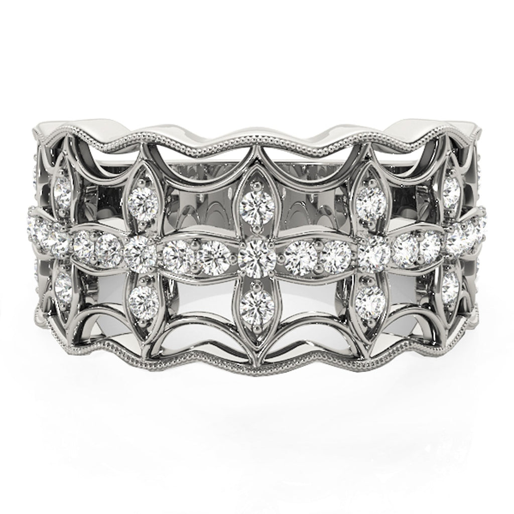 Diamond studded four leaf clover ring in 14k white gold, showcasing contemporary elegance and exquisite craftsmanship.