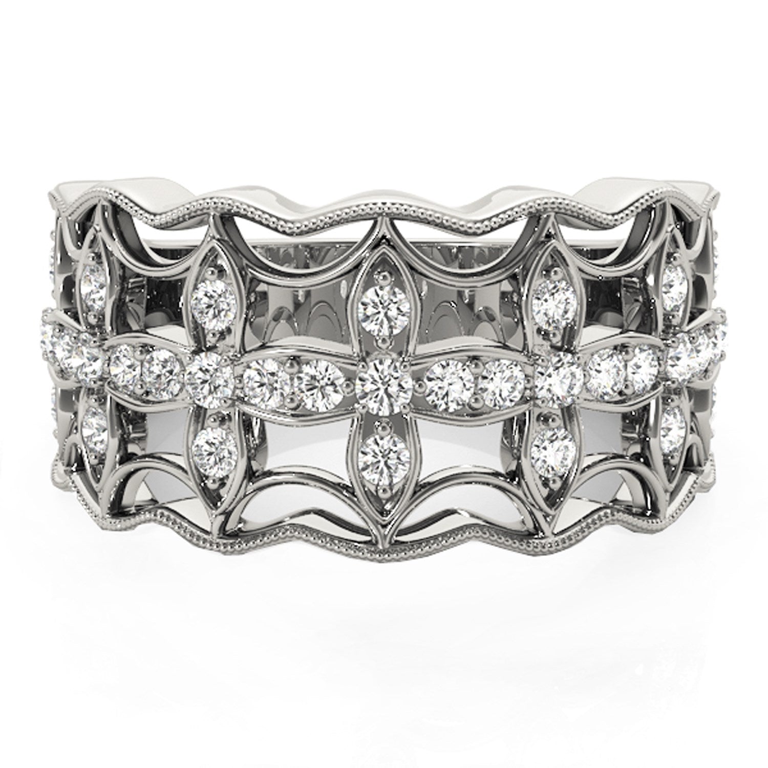 Diamond studded four leaf clover ring in 14k white gold, showcasing contemporary elegance and exquisite craftsmanship.