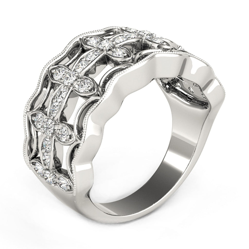 Diamond studded four leaf clover ring in 14k white gold, featuring contemporary design and 1/4 cttw brilliance.