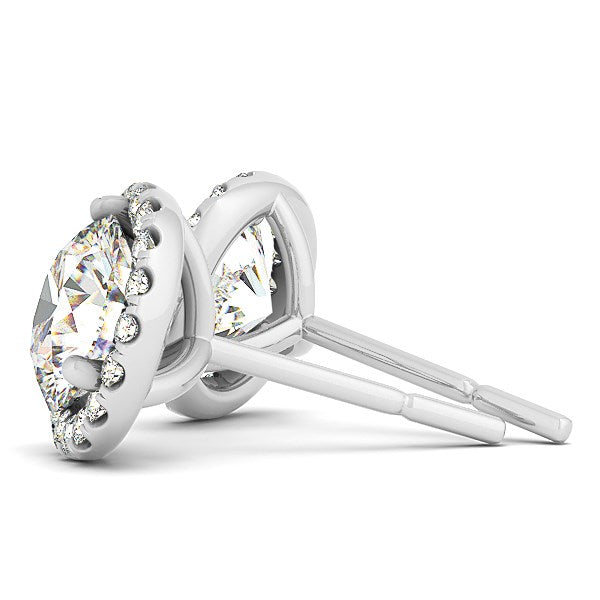 14k white gold diamond halo earrings featuring a classic prong setting and exquisite brilliance.