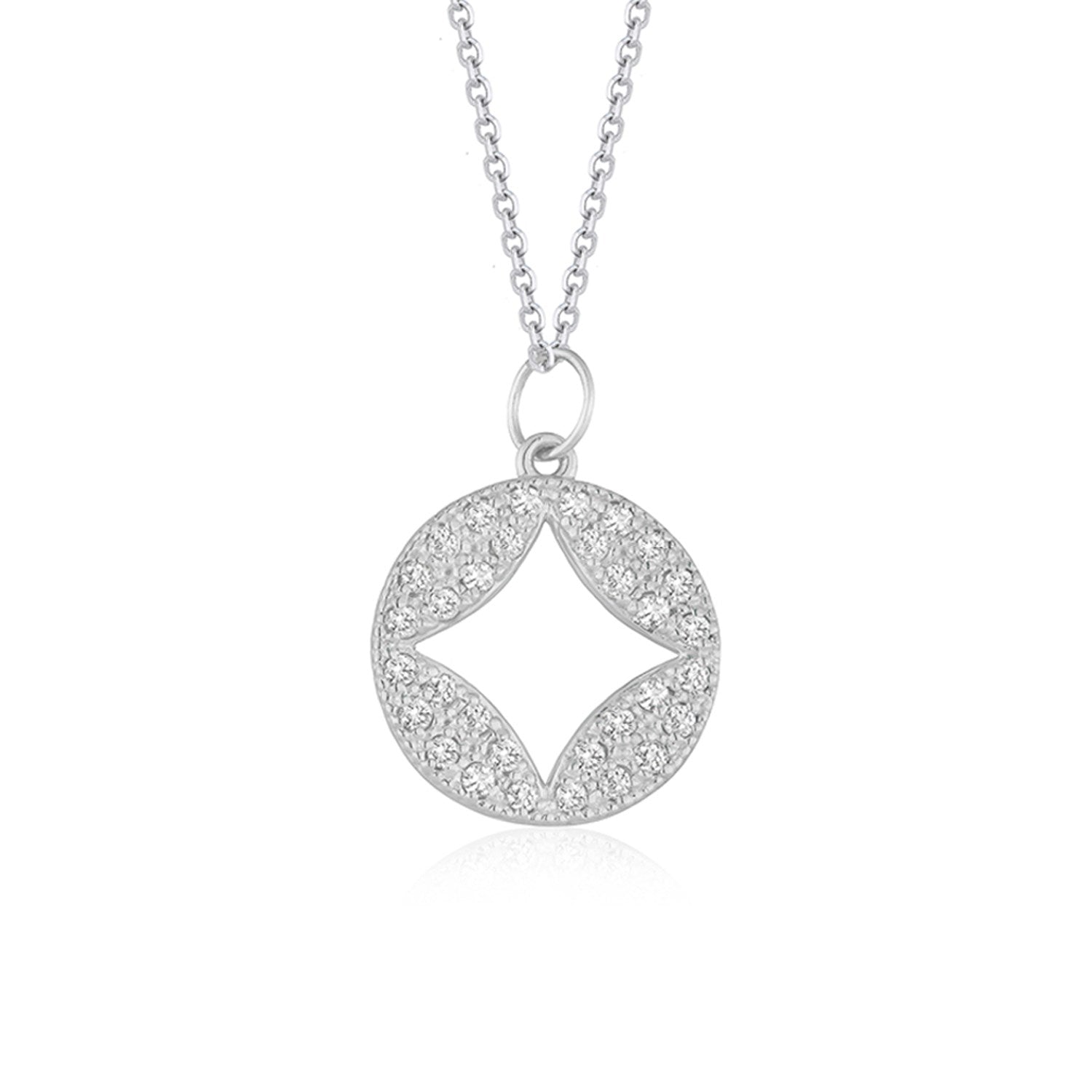14k white gold diamond studded circle pendant with cut-out design, embodying modern elegance and timeless luxury.