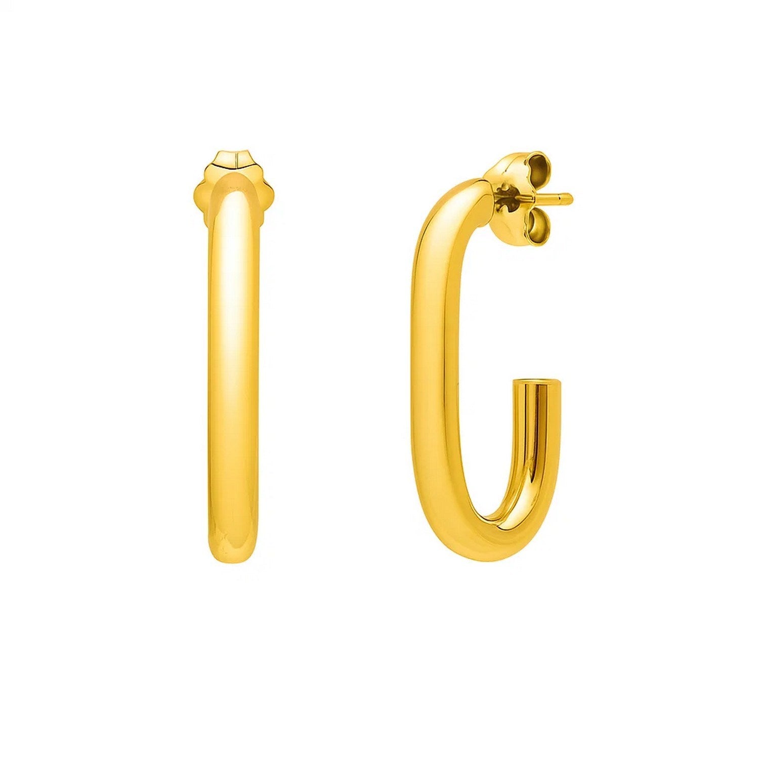 14k yellow gold polished hoop earrings with a sleek modern design, perfect for elegant everyday wear.