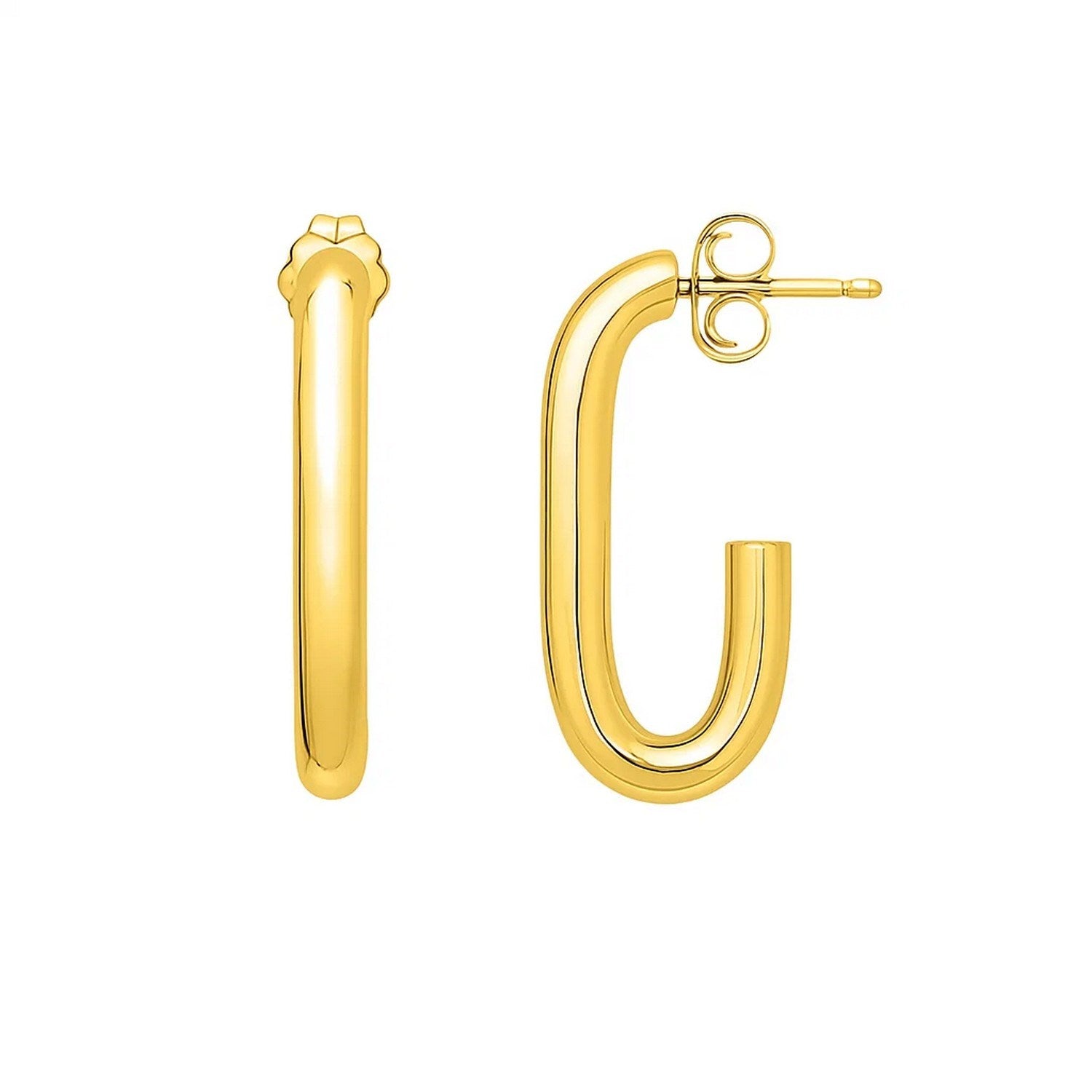 14k yellow gold polished hoop earrings with a modern design, showcasing a sleek and elegant silhouette.