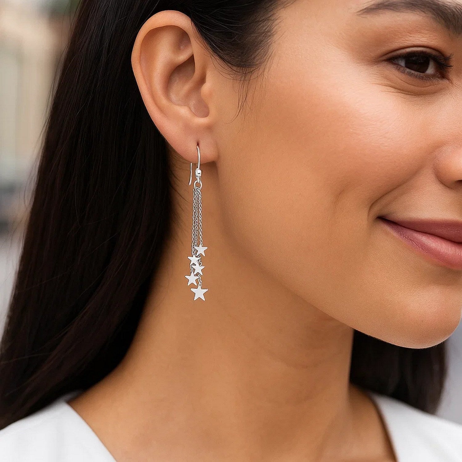 Sterling Silver Polished Star Tassel Earrings