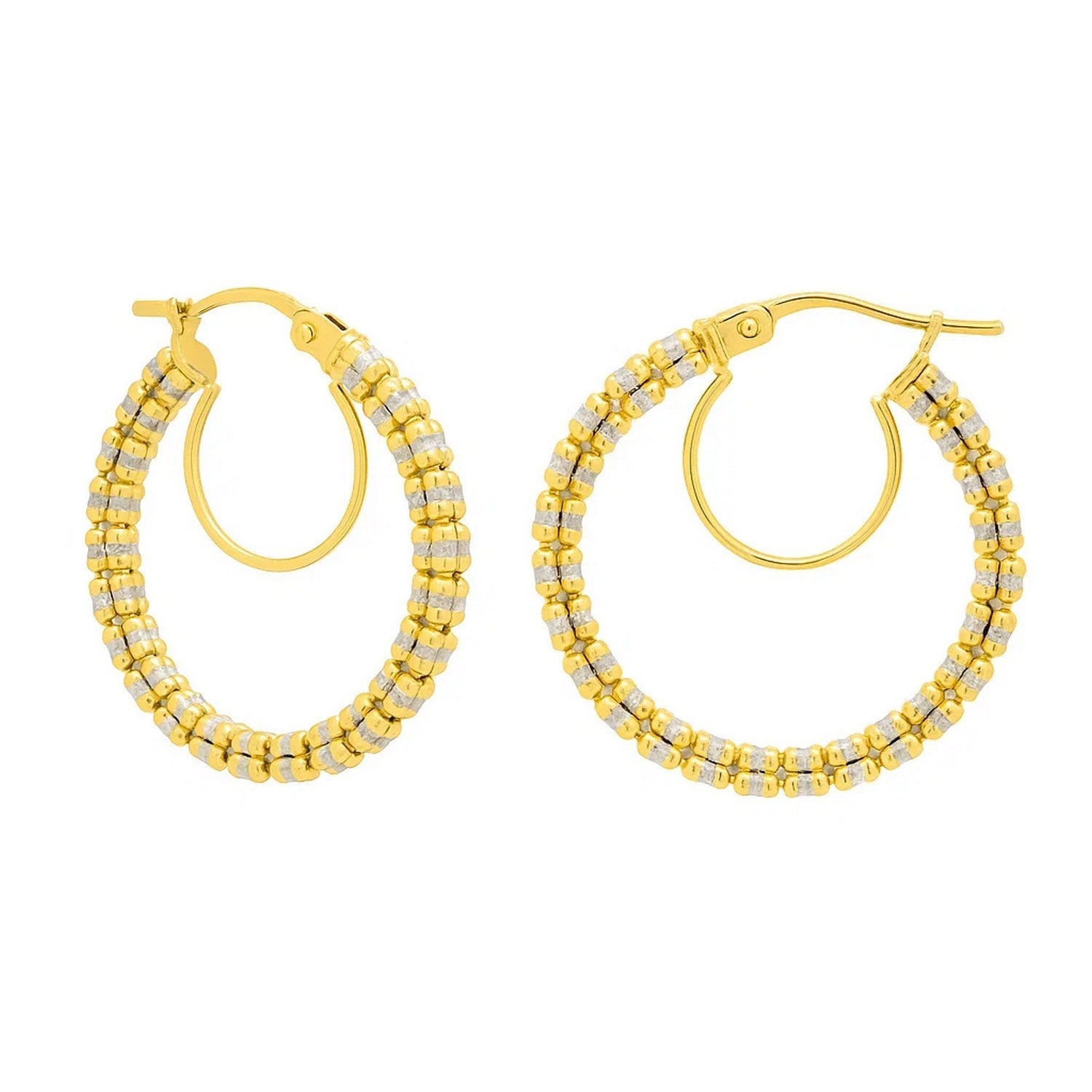 14K two-tone gold diamond iced round hoop earrings, elegantly designed for a luxurious statement.