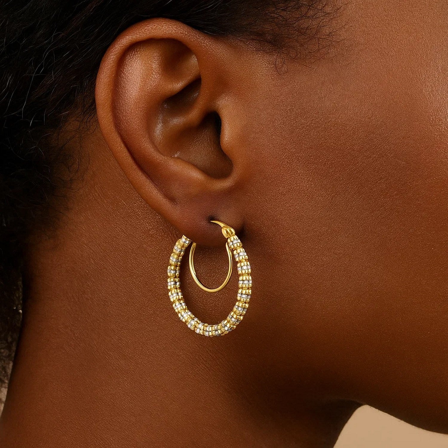 14K two-tone gold diamond iced round hoop earrings, elegantly designed for a luxurious touch.