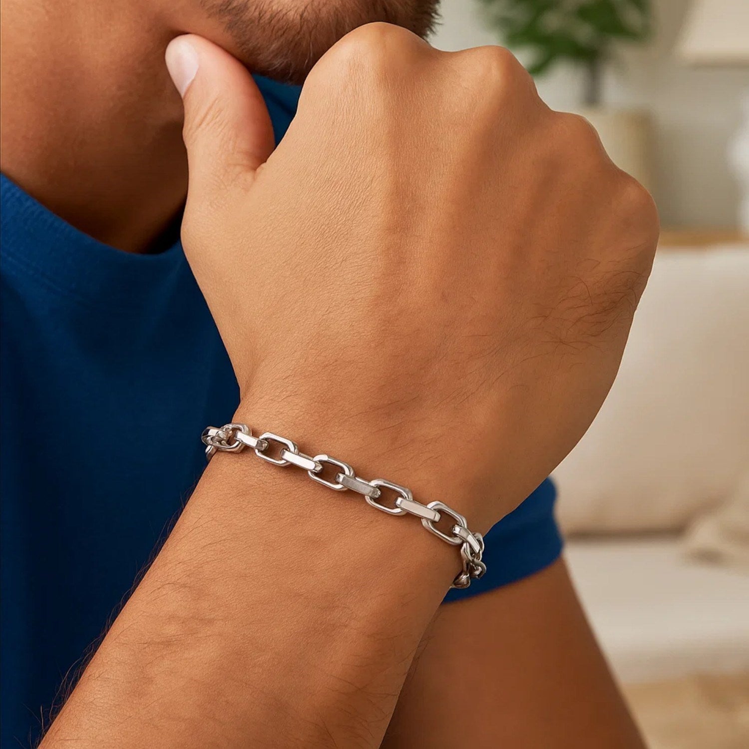 14k white gold French cable chain bracelet featuring a modern design with elegant round links.