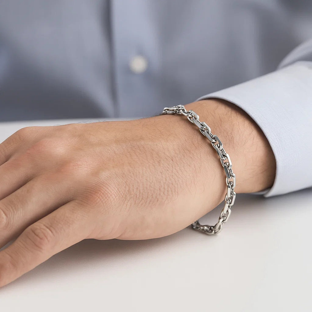 14k white gold French cable chain bracelet featuring a modern design with elegant round links.