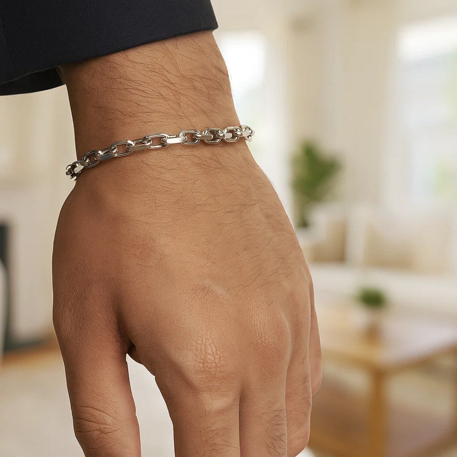 14k white gold French cable chain bracelet with modern round links, showcasing exquisite craftsmanship and elegance.