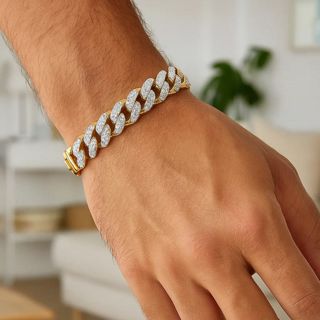 14k two-tone gold curb chain bracelet featuring diamond pave links, contemporary elegance for discerning jewelry lovers.