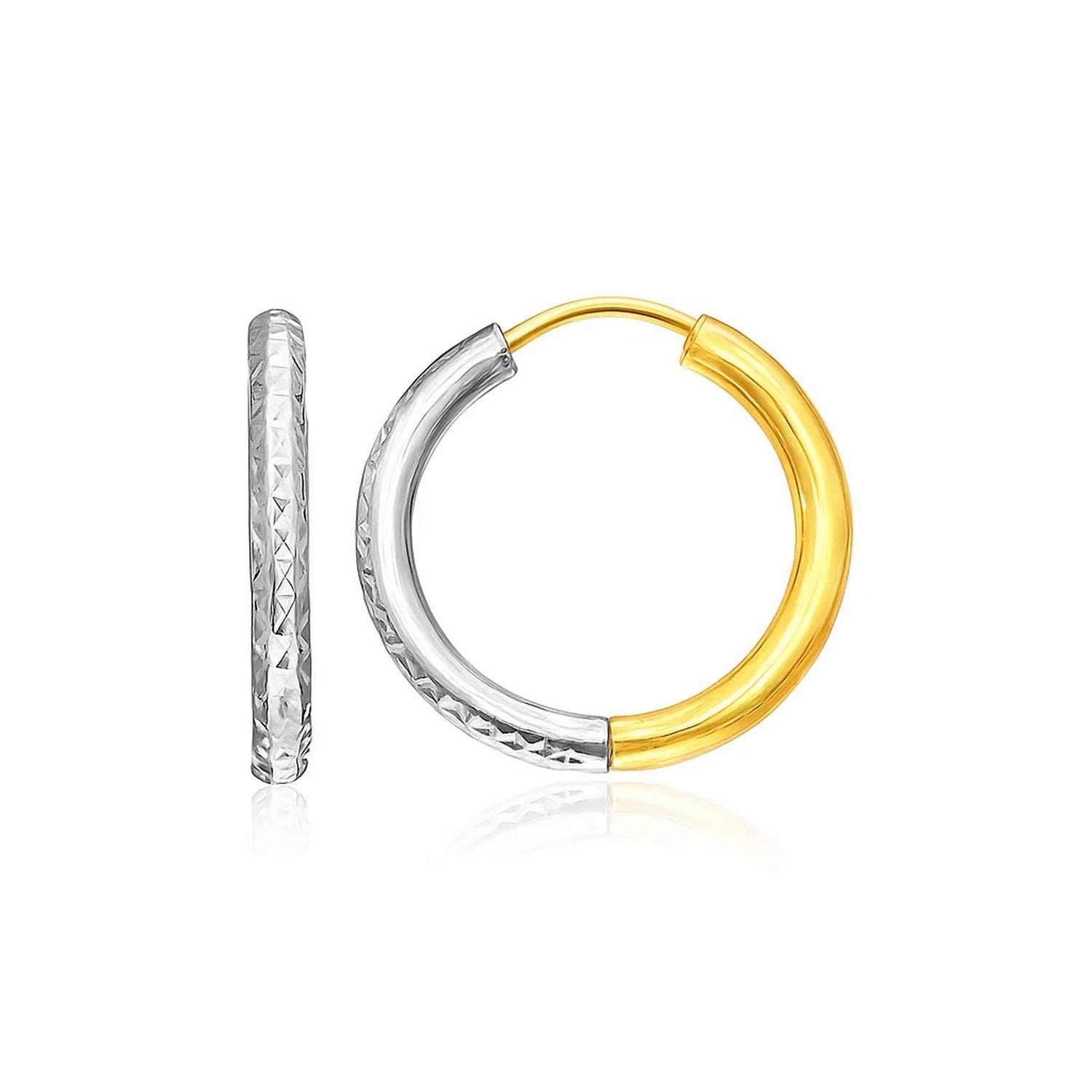 14k two-tone gold diamond textured hoop earrings, showcasing contemporary elegance and exquisite craftsmanship.