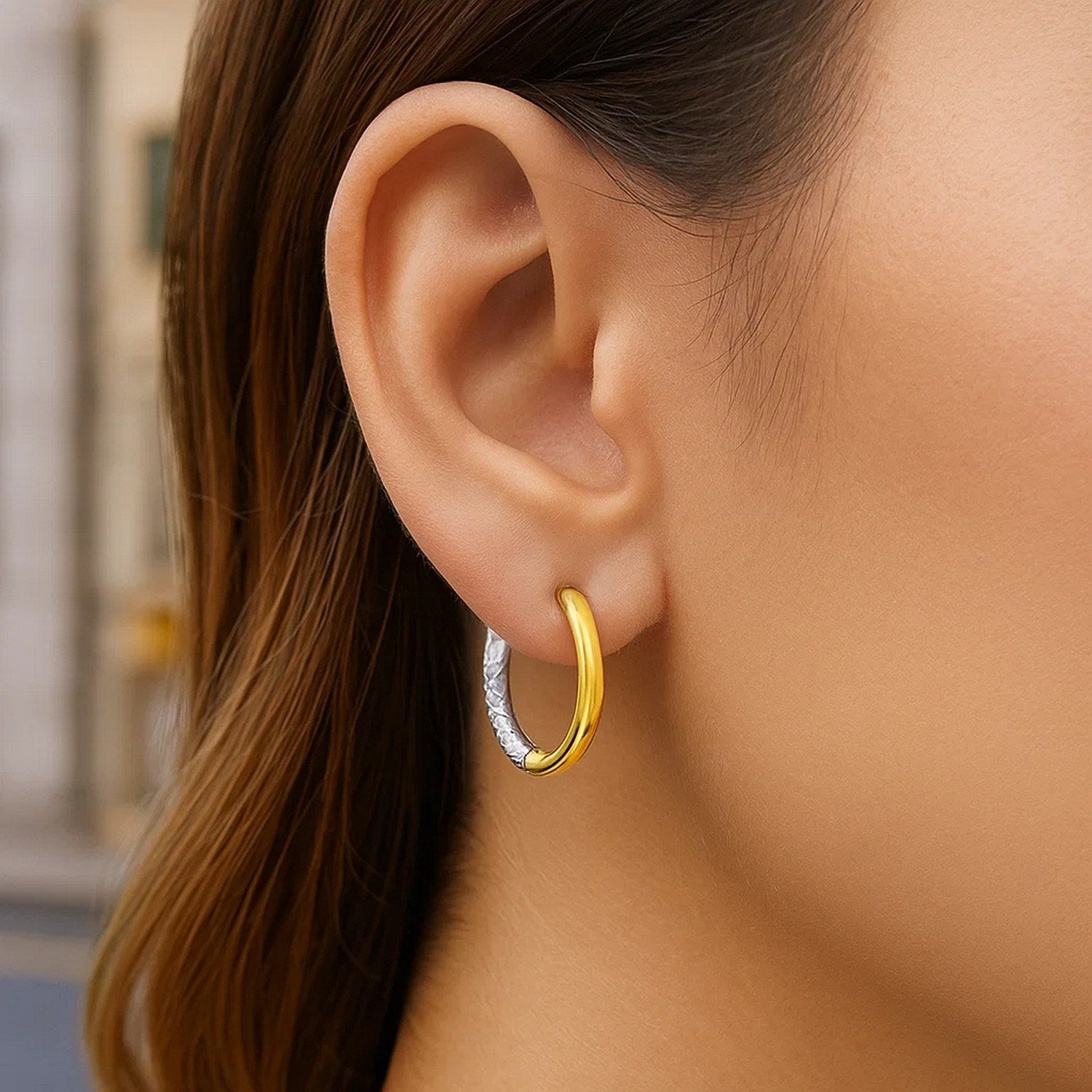 14k two-tone gold diamond textured hoop earrings showcasing contemporary elegance and exquisite craftsmanship.