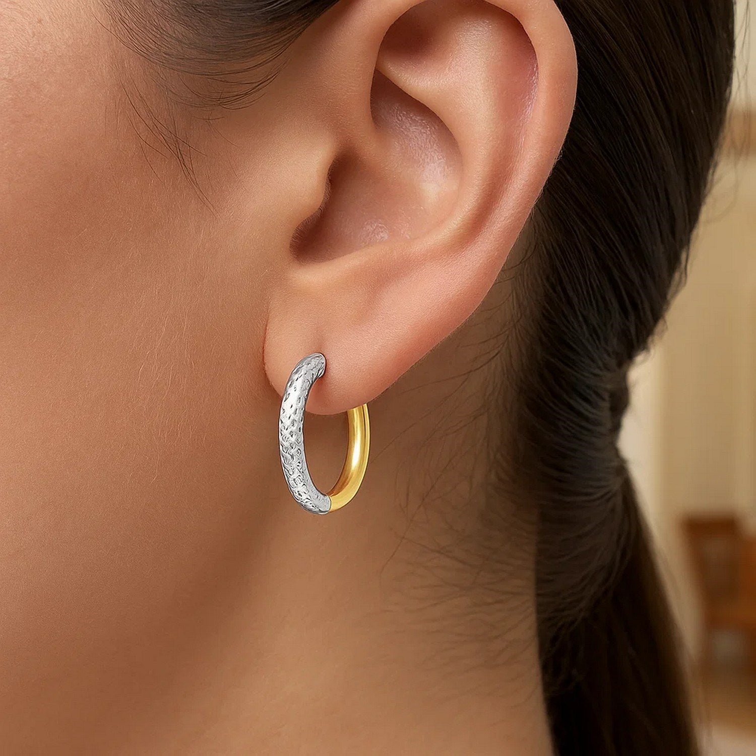 14k two-tone gold diamond textured hoop earrings showcasing contemporary elegance and exquisite craftsmanship.